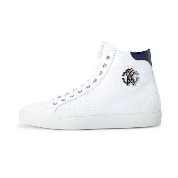 Roberto Cavalli Men's White Textured Leather High Top Fashion Sneakers Shoes